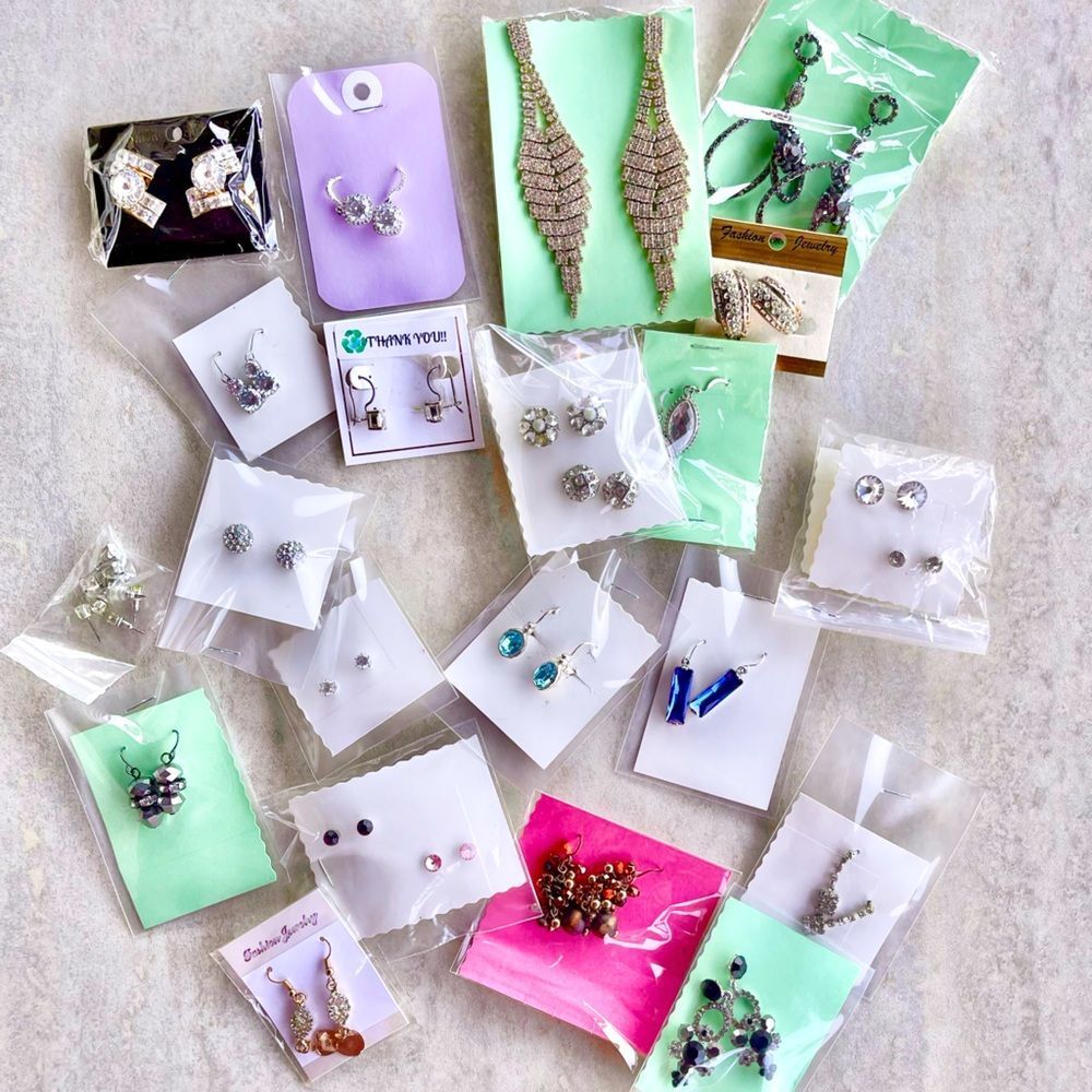Vintage Contemporary Costume Color Rhinestone Pierced Earring Bundle Lot Box
